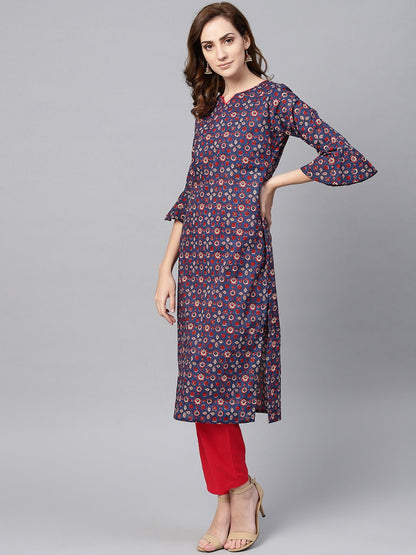 Indigo Blue Multi Colored Printed Kurta Set With Solid Red Pants | LASVINI - Redefining Indian Fashion with Elegance