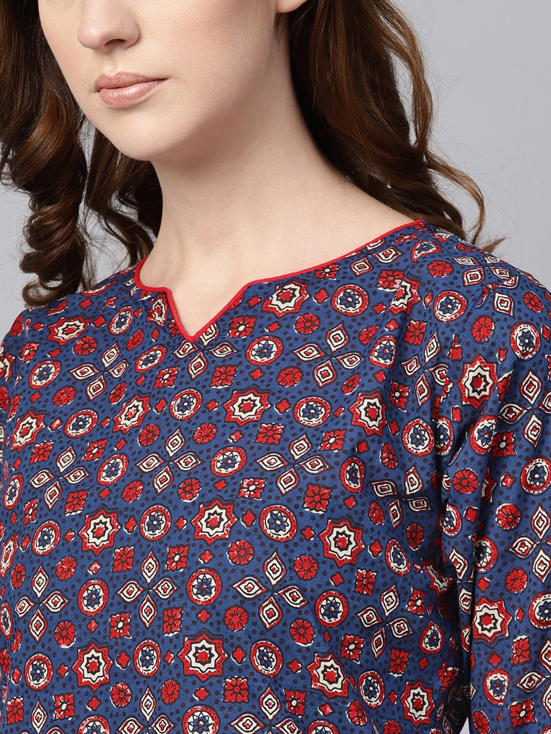 Indigo Blue Multi Colored Printed Kurta Set With Solid Red Pants | LASVINI - Redefining Indian Fashion with Elegance