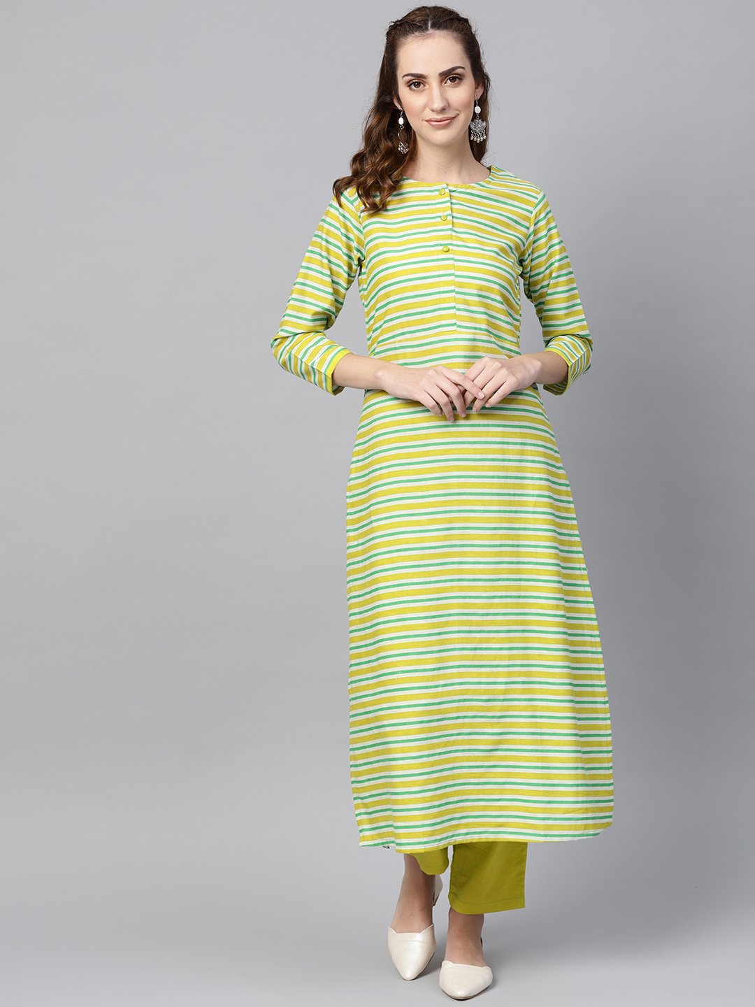 Green Stripped 3/4Th Sleeve Kurta Set With Solid Pants | LASVINI - Redefining Indian Fashion with Elegance