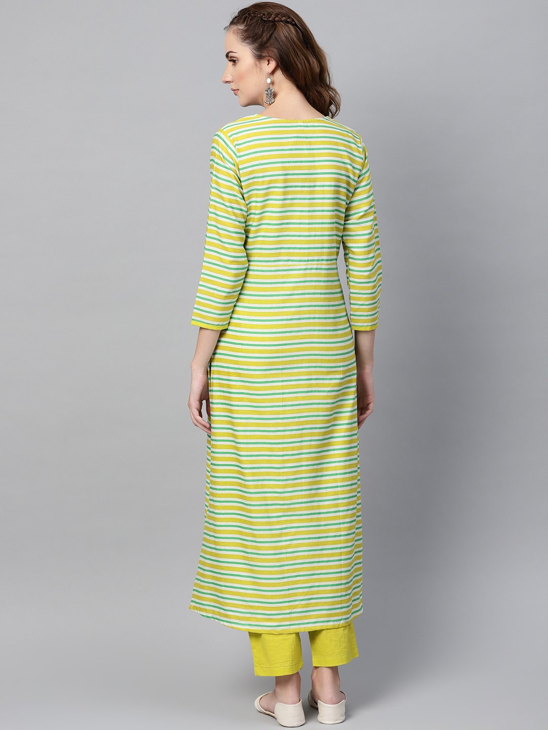 Green Stripped 3/4Th Sleeve Kurta Set With Solid Pants | LASVINI - Redefining Indian Fashion with Elegance