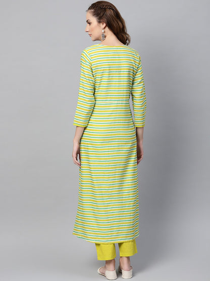Green Stripped 3/4Th Sleeve Kurta Set With Solid Pants | LASVINI - Redefining Indian Fashion with Elegance