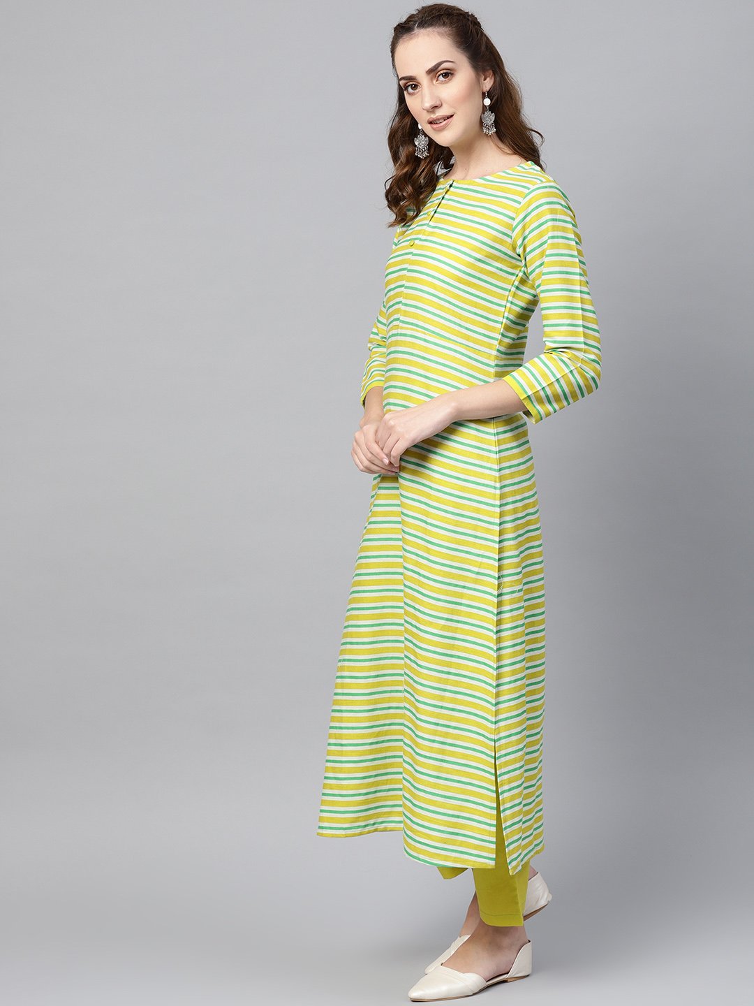 Green Stripped 3/4Th Sleeve Kurta Set With Solid Pants | LASVINI - Redefining Indian Fashion with Elegance