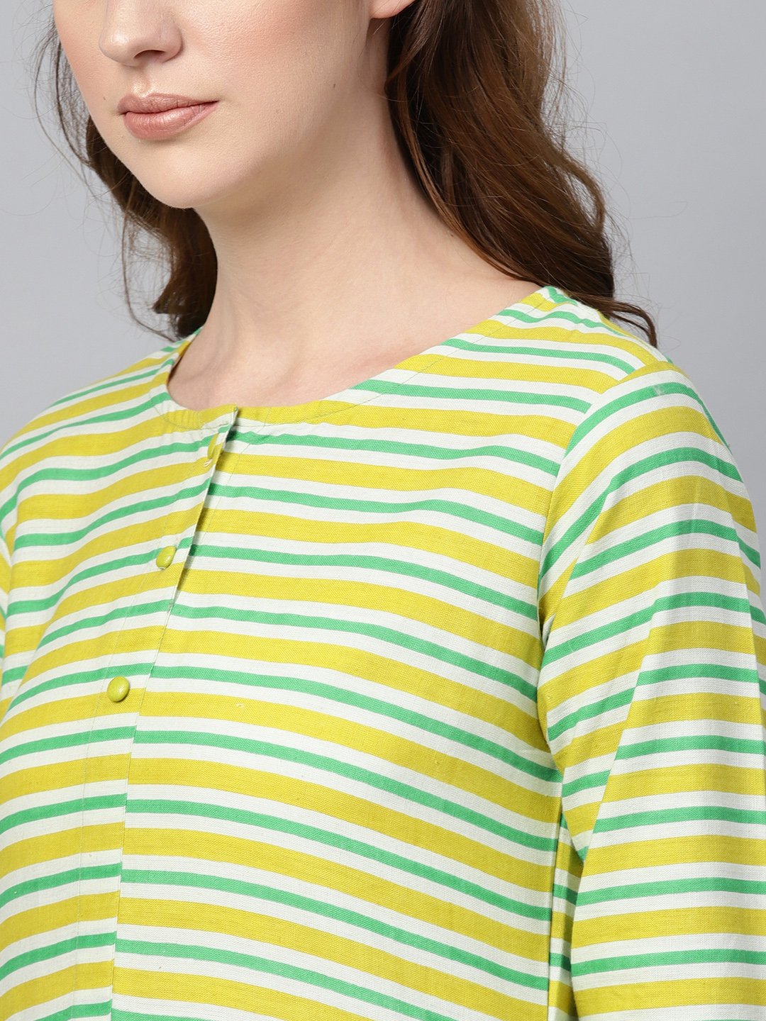 Green Stripped 3/4Th Sleeve Kurta Set With Solid Pants | LASVINI - Redefining Indian Fashion with Elegance