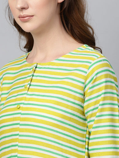 Green Stripped 3/4Th Sleeve Kurta Set With Solid Pants | LASVINI - Redefining Indian Fashion with Elegance
