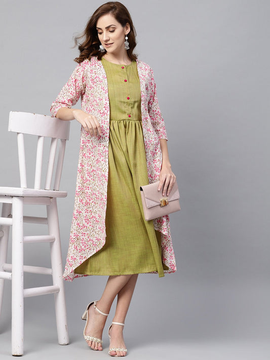 Olive Green A-Line Dress With White Floral Printed Jacket | LASVINI - Redefining Indian Fashion with Elegance