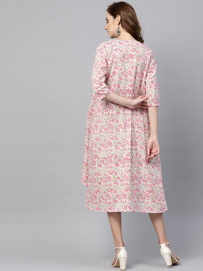 Olive Green A-Line Dress With White Floral Printed Jacket | LASVINI - Redefining Indian Fashion with Elegance