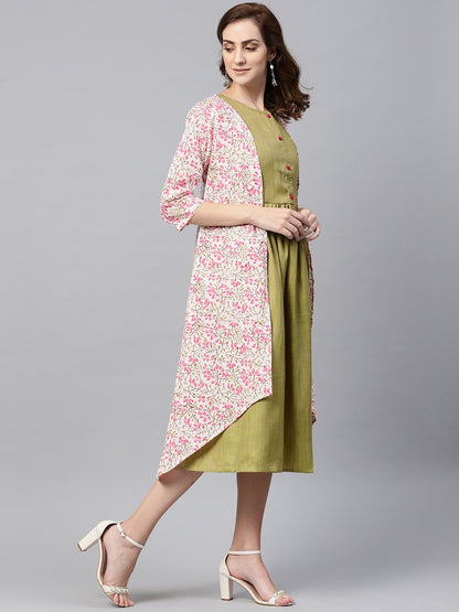 Olive Green A-Line Dress With White Floral Printed Jacket | LASVINI - Redefining Indian Fashion with Elegance