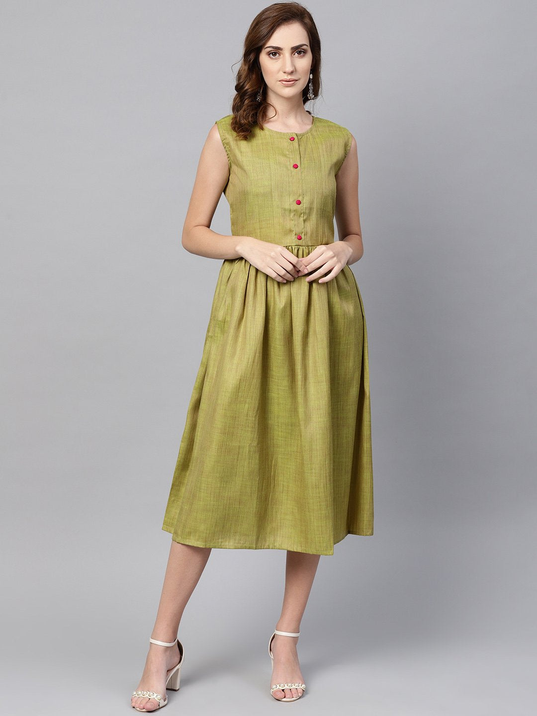 Olive Green A-Line Dress With White Floral Printed Jacket | LASVINI - Redefining Indian Fashion with Elegance