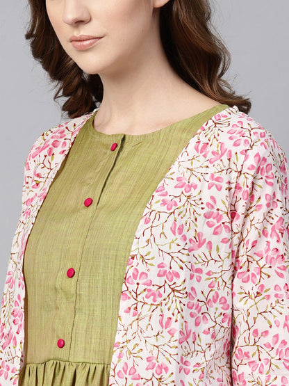 Olive Green A-Line Dress With White Floral Printed Jacket | LASVINI - Redefining Indian Fashion with Elegance
