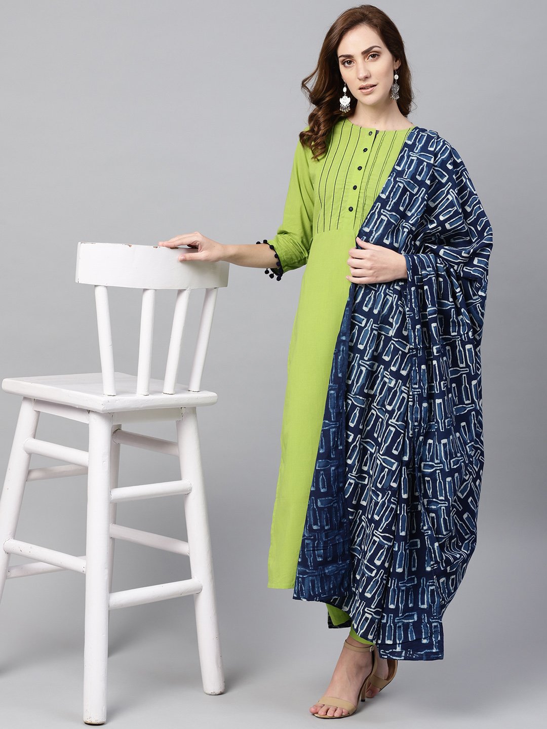 Lime Green Kurta Set With Pants & Mul Printed Dupatta | LASVINI - Redefining Indian Fashion with Elegance