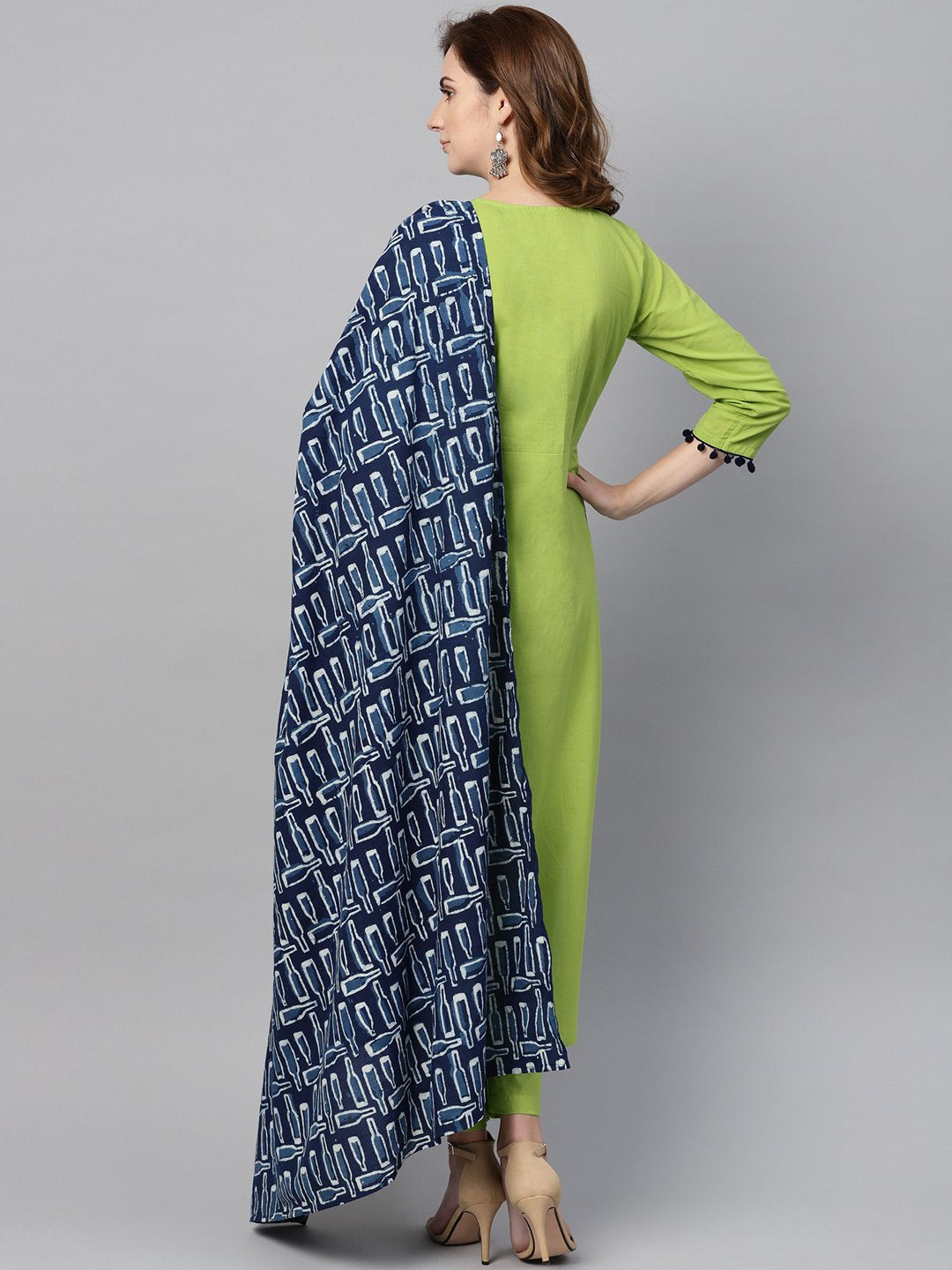 Lime Green Kurta Set With Pants & Mul Printed Dupatta | LASVINI - Redefining Indian Fashion with Elegance