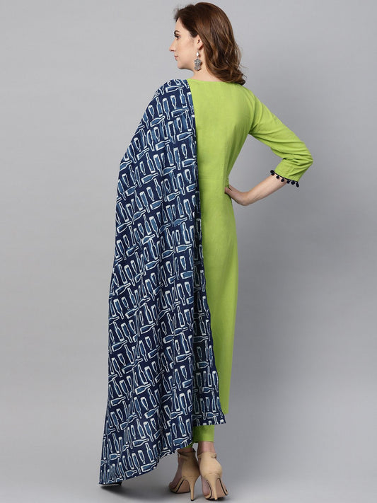 Lime Green Kurta Set With Pants & Mul Printed Dupatta | LASVINI - Redefining Indian Fashion with Elegance