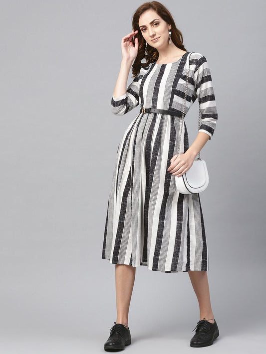 Black & Wihte Stripped Dress With Round Neck & 3/4 Sleeves | LASVINI - Redefining Indian Fashion with Elegance