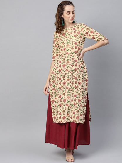 Cream Multi Colored Kurta Set With Solid Dark Maroon Skirt | LASVINI - Redefining Indian Fashion with Elegance