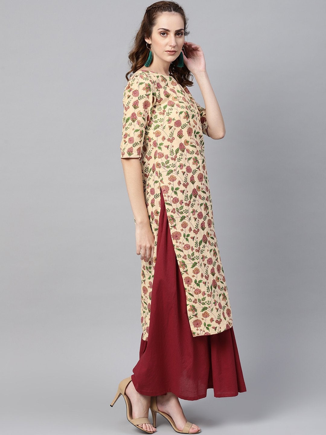 Cream Multi Colored Kurta Set With Solid Dark Maroon Skirt | LASVINI - Redefining Indian Fashion with Elegance