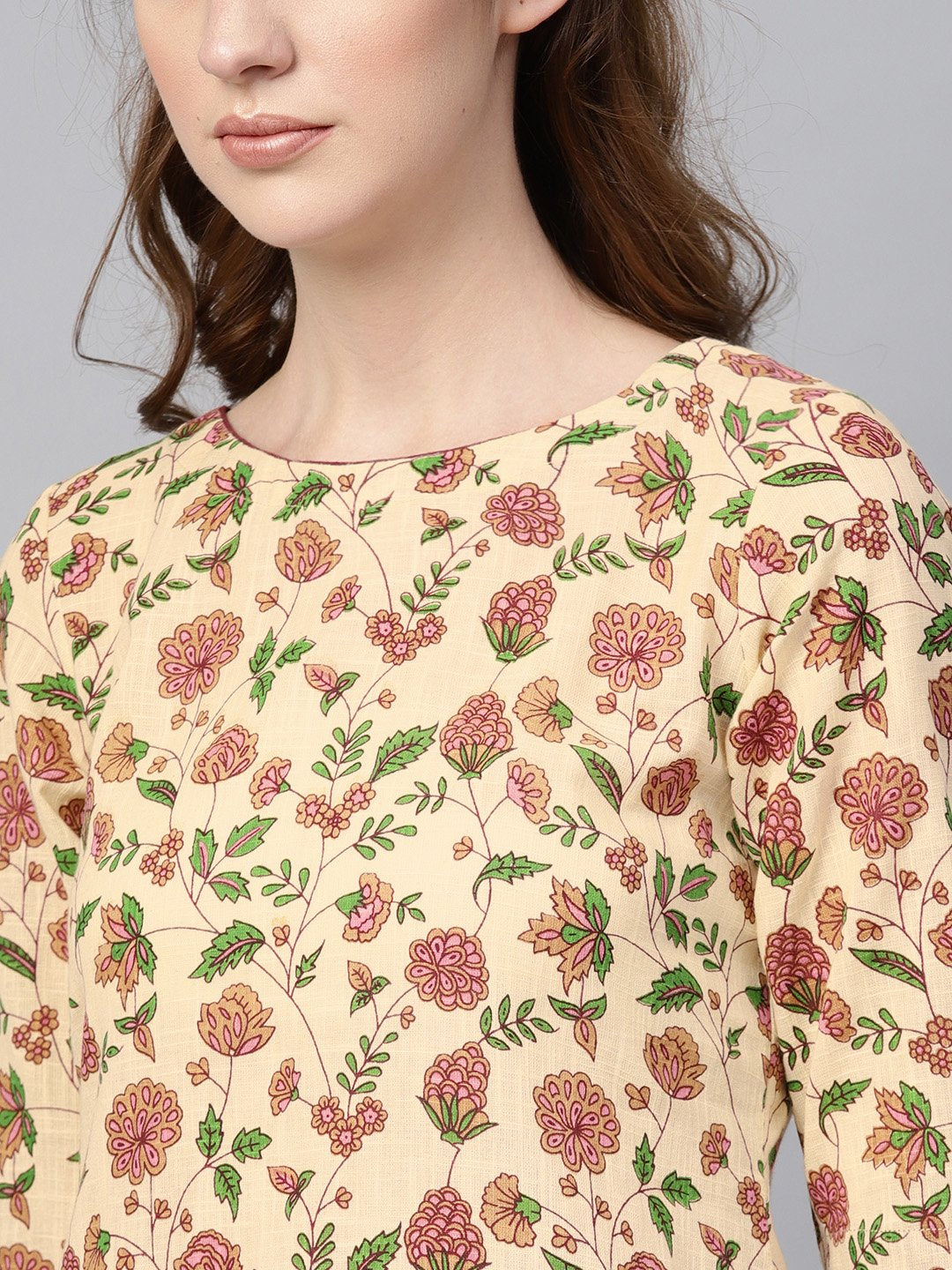 Cream Multi Colored Kurta Set With Solid Dark Maroon Skirt | LASVINI - Redefining Indian Fashion with Elegance