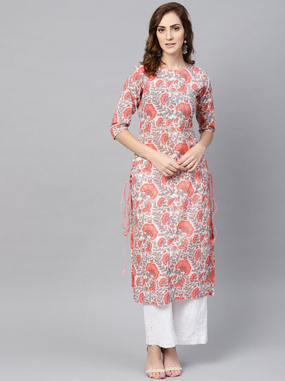 Women White & Coral Pink Floral Print Straight Kurta | LASVINI - Redefining Indian Fashion with Elegance
