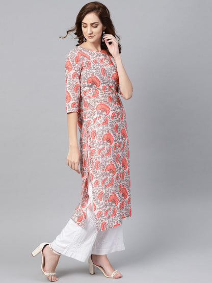 Women White & Coral Pink Floral Print Straight Kurta | LASVINI - Redefining Indian Fashion with Elegance