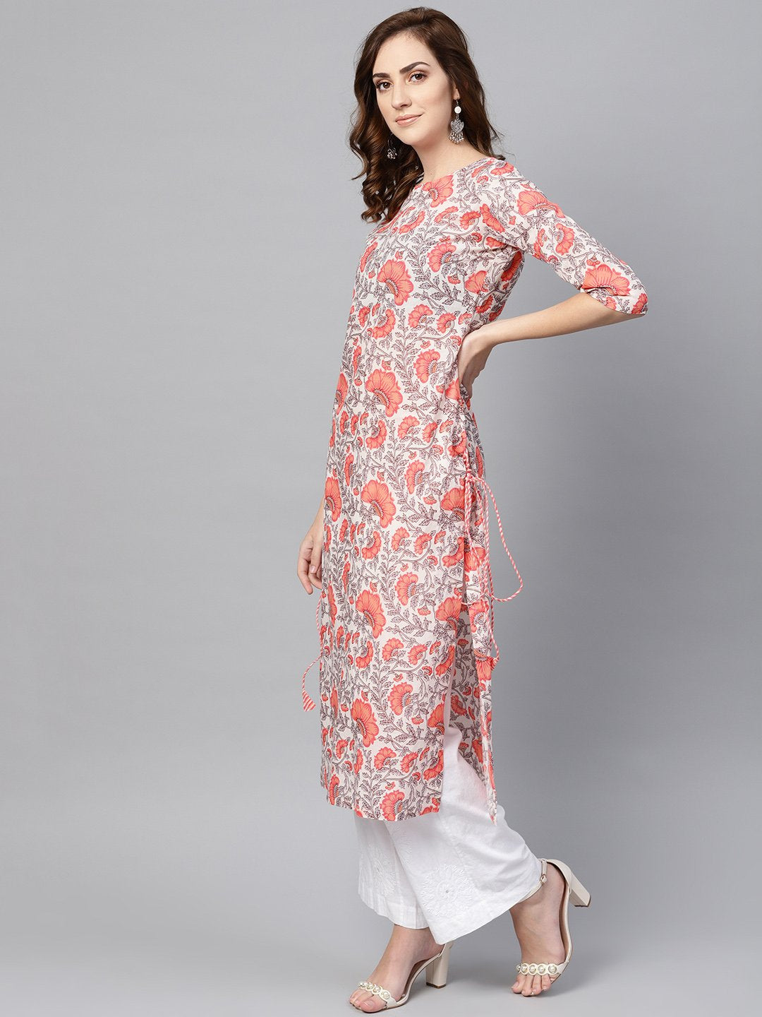 Women White & Coral Pink Floral Print Straight Kurta | LASVINI - Redefining Indian Fashion with Elegance