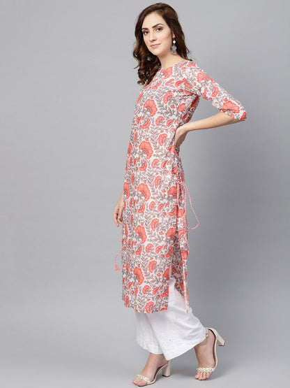Women White & Coral Pink Floral Print Straight Kurta | LASVINI - Redefining Indian Fashion with Elegance