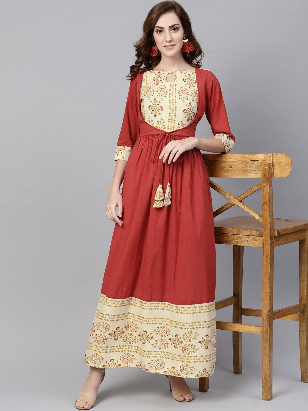 Maroon Maxi Dress With Layered Printed Yoke And Cuff | LASVINI - Redefining Indian Fashion with Elegance