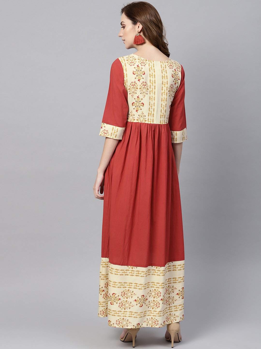 Maroon Maxi Dress With Layered Printed Yoke And Cuff | LASVINI - Redefining Indian Fashion with Elegance