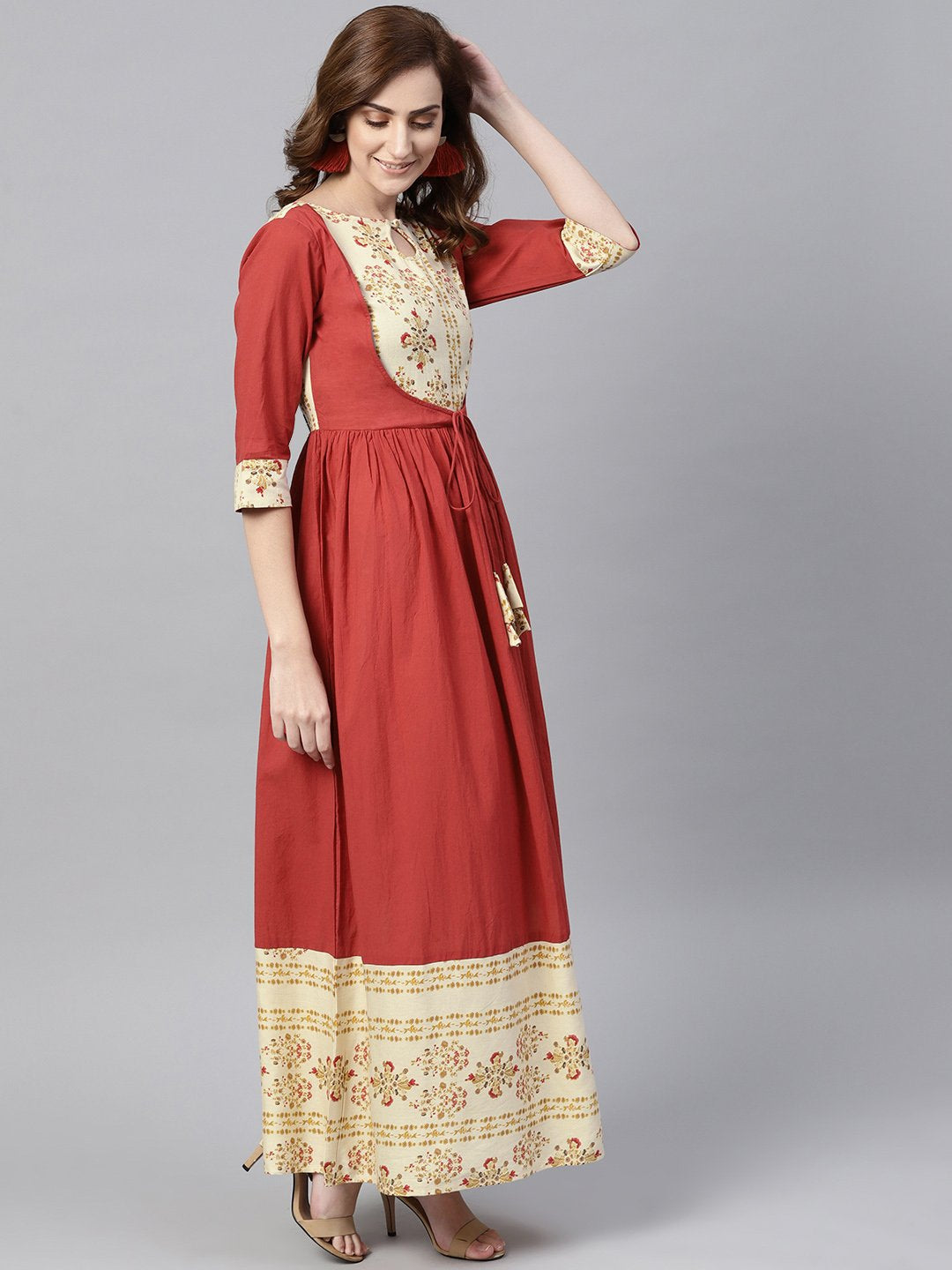 Maroon Maxi Dress With Layered Printed Yoke And Cuff | LASVINI - Redefining Indian Fashion with Elegance