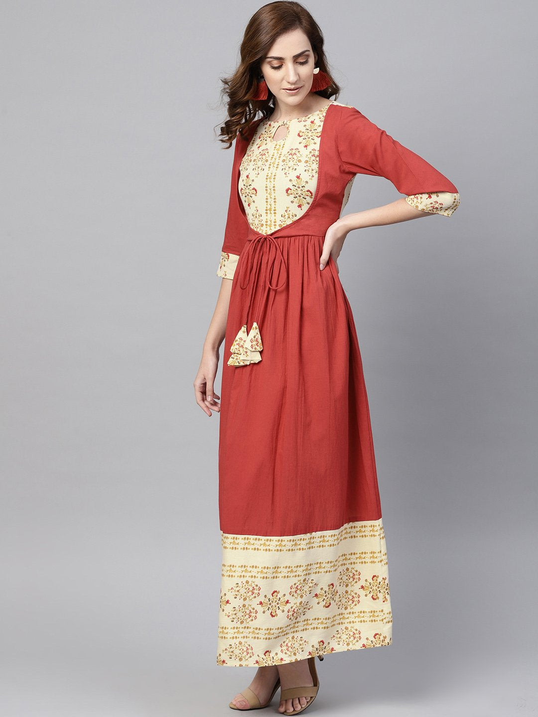 Maroon Maxi Dress With Layered Printed Yoke And Cuff | LASVINI - Redefining Indian Fashion with Elegance