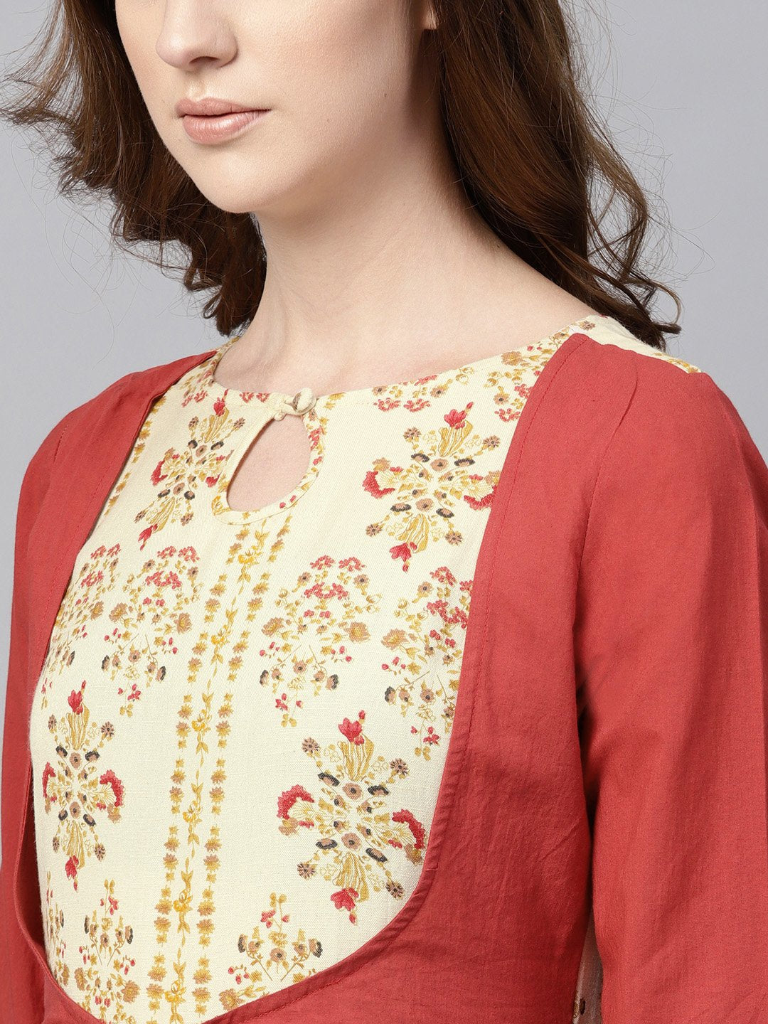 Maroon Maxi Dress With Layered Printed Yoke And Cuff | LASVINI - Redefining Indian Fashion with Elegance