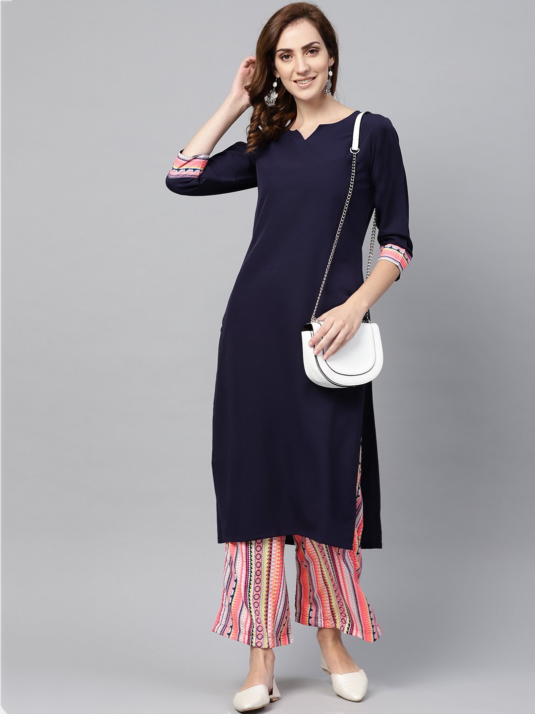 Navy Blue 3/4Th Sleeve Kurta Set With Printed Palazzo | LASVINI - Redefining Indian Fashion with Elegance