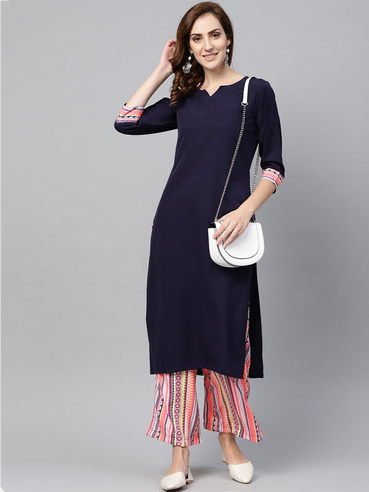 Navy Blue 3/4Th Sleeve Kurta Set With Printed Palazzo | LASVINI - Redefining Indian Fashion with Elegance