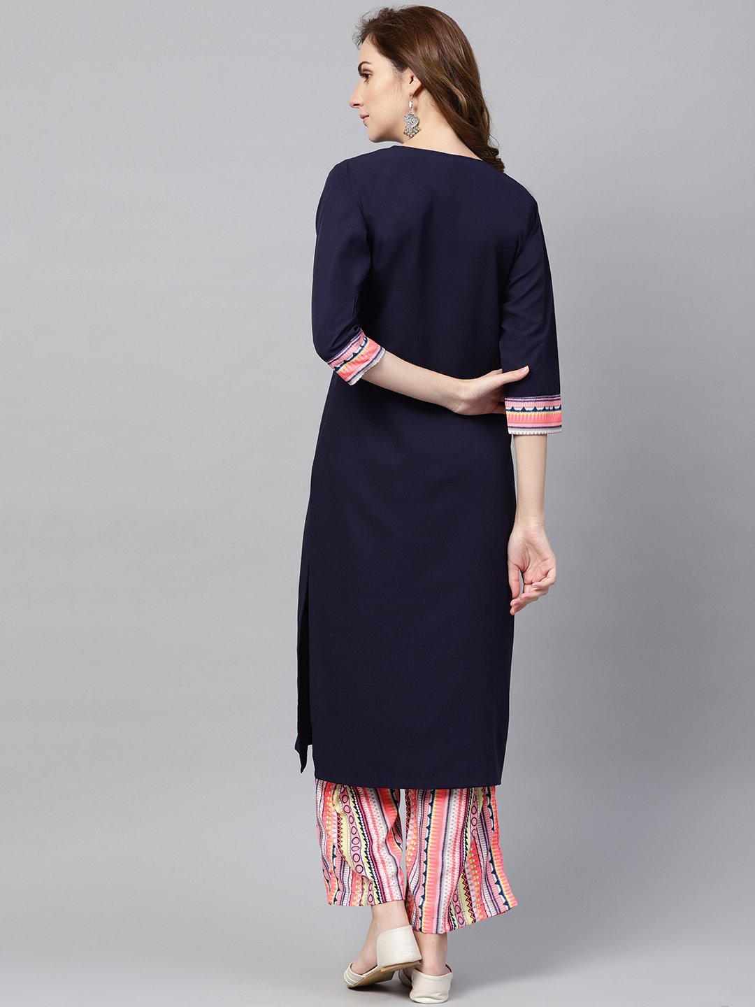 Navy Blue 3/4Th Sleeve Kurta Set With Printed Palazzo | LASVINI - Redefining Indian Fashion with Elegance