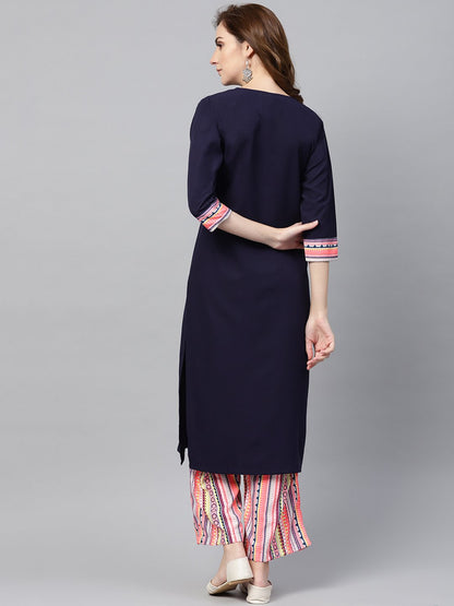 Navy Blue 3/4Th Sleeve Kurta Set With Printed Palazzo | LASVINI - Redefining Indian Fashion with Elegance