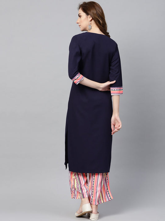 Navy Blue 3/4Th Sleeve Kurta Set With Printed Palazzo | LASVINI - Redefining Indian Fashion with Elegance