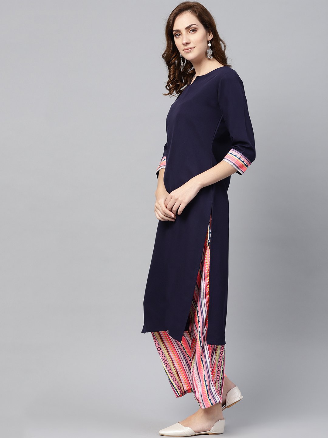 Navy Blue 3/4Th Sleeve Kurta Set With Printed Palazzo | LASVINI - Redefining Indian Fashion with Elegance