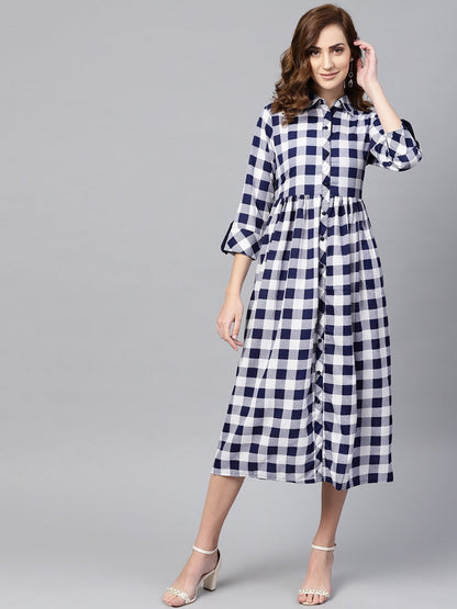 Electric Blue Checked Shirt Collar Dress With Front Placket & Cuff | LASVINI - Redefining Indian Fashion with Elegance