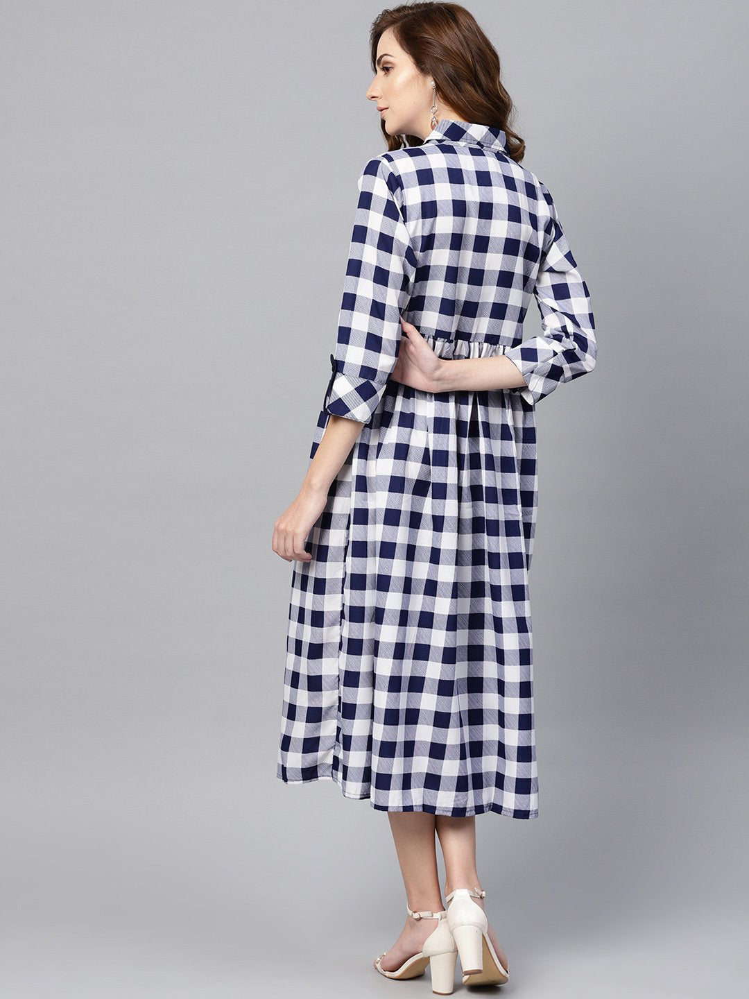 Electric Blue Checked Shirt Collar Dress With Front Placket & Cuff | LASVINI - Redefining Indian Fashion with Elegance
