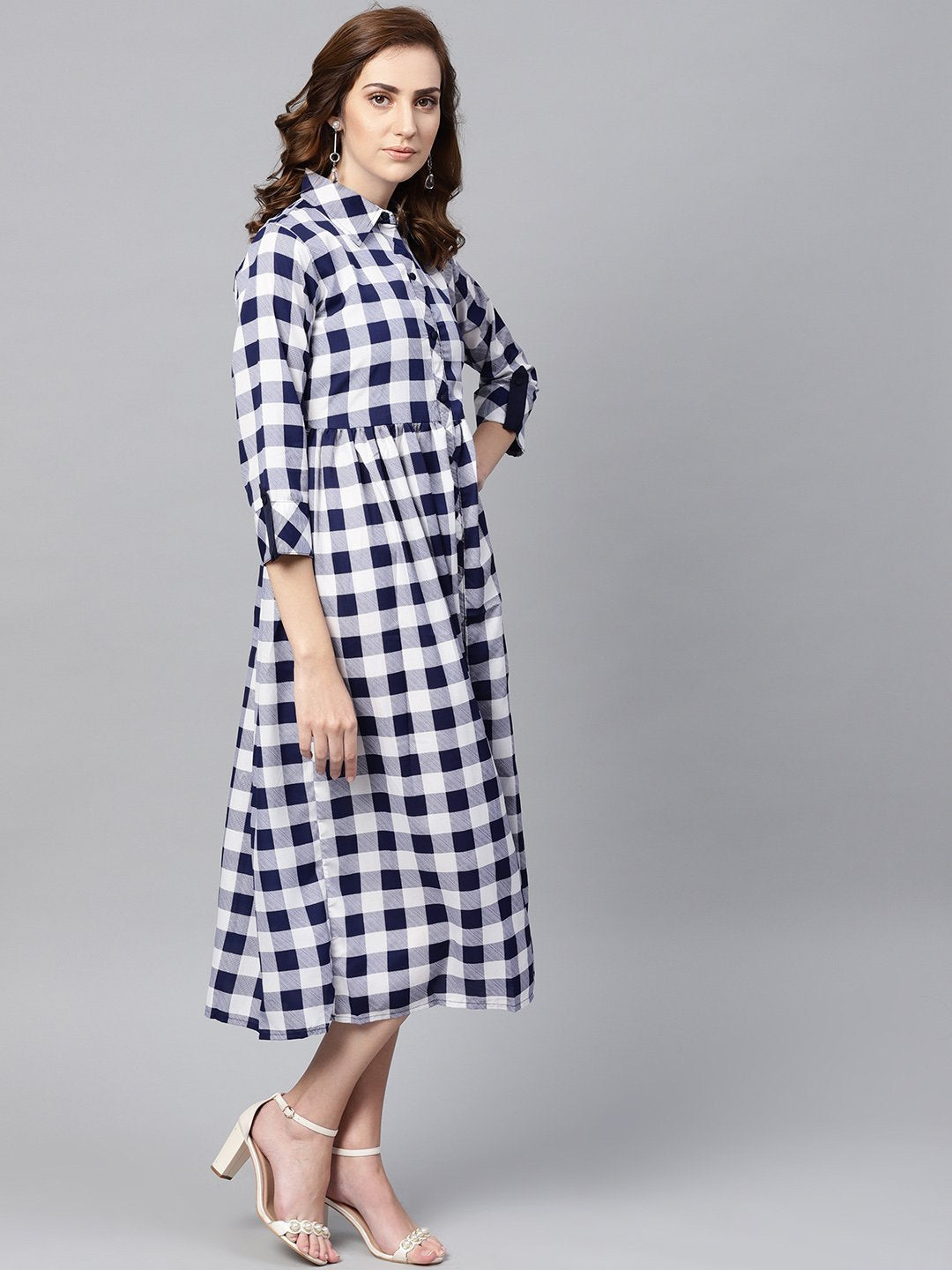 Electric Blue Checked Shirt Collar Dress With Front Placket & Cuff | LASVINI - Redefining Indian Fashion with Elegance