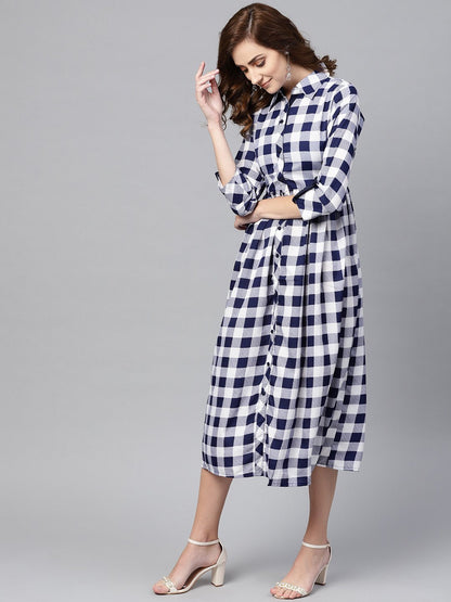 Electric Blue Checked Shirt Collar Dress With Front Placket & Cuff | LASVINI - Redefining Indian Fashion with Elegance