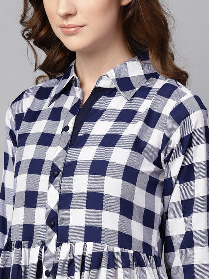 Electric Blue Checked Shirt Collar Dress With Front Placket & Cuff | LASVINI - Redefining Indian Fashion with Elegance