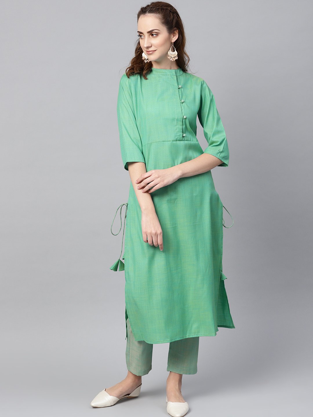 Turquoise Green Straight 3/4Th Sleeve Cotton Kurta Set With Pants | LASVINI - Redefining Indian Fashion with Elegance