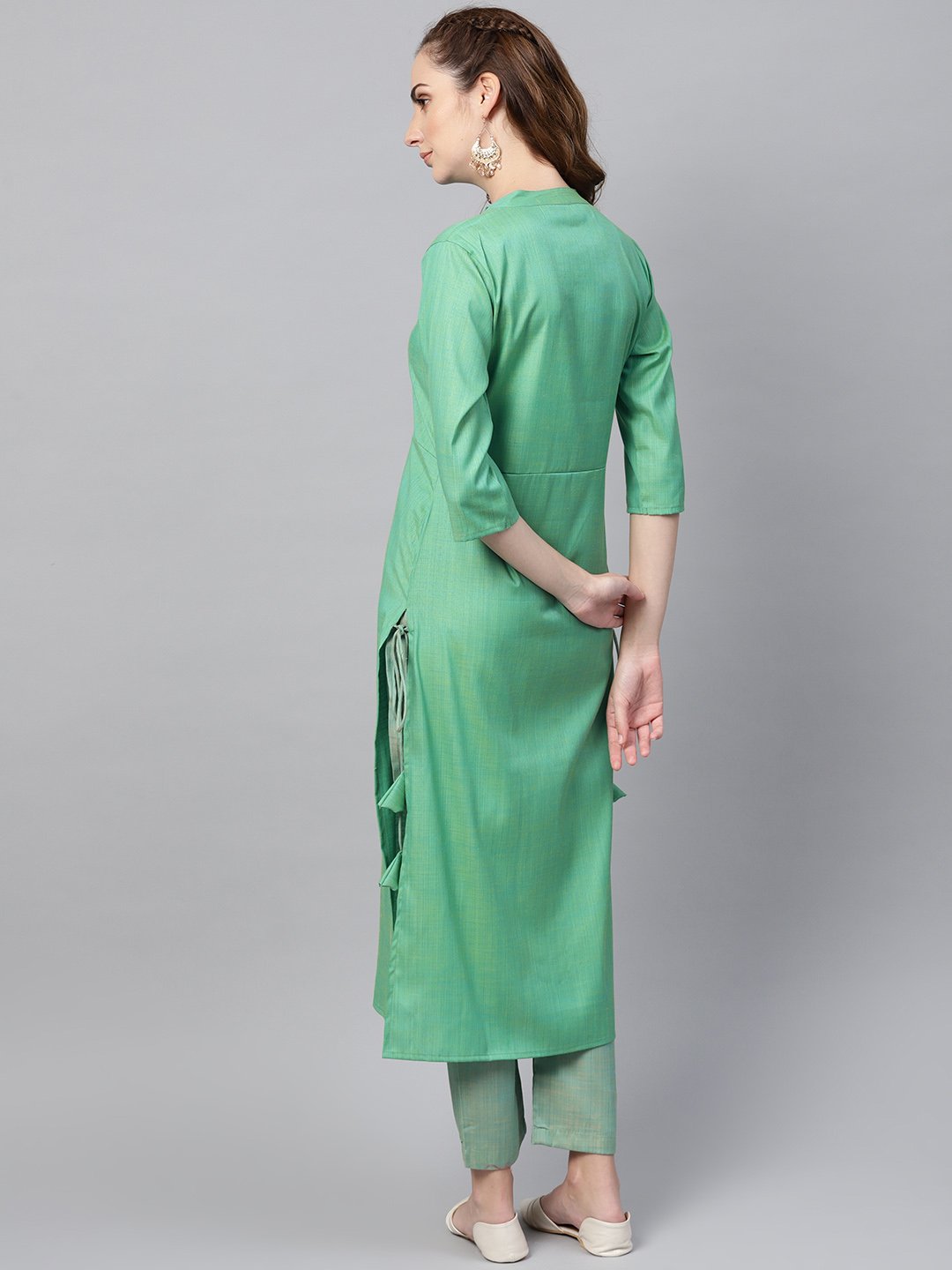 Turquoise Green Straight 3/4Th Sleeve Cotton Kurta Set With Pants | LASVINI - Redefining Indian Fashion with Elegance