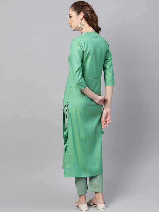 Turquoise Green Straight 3/4Th Sleeve Cotton Kurta Set With Pants | LASVINI - Redefining Indian Fashion with Elegance