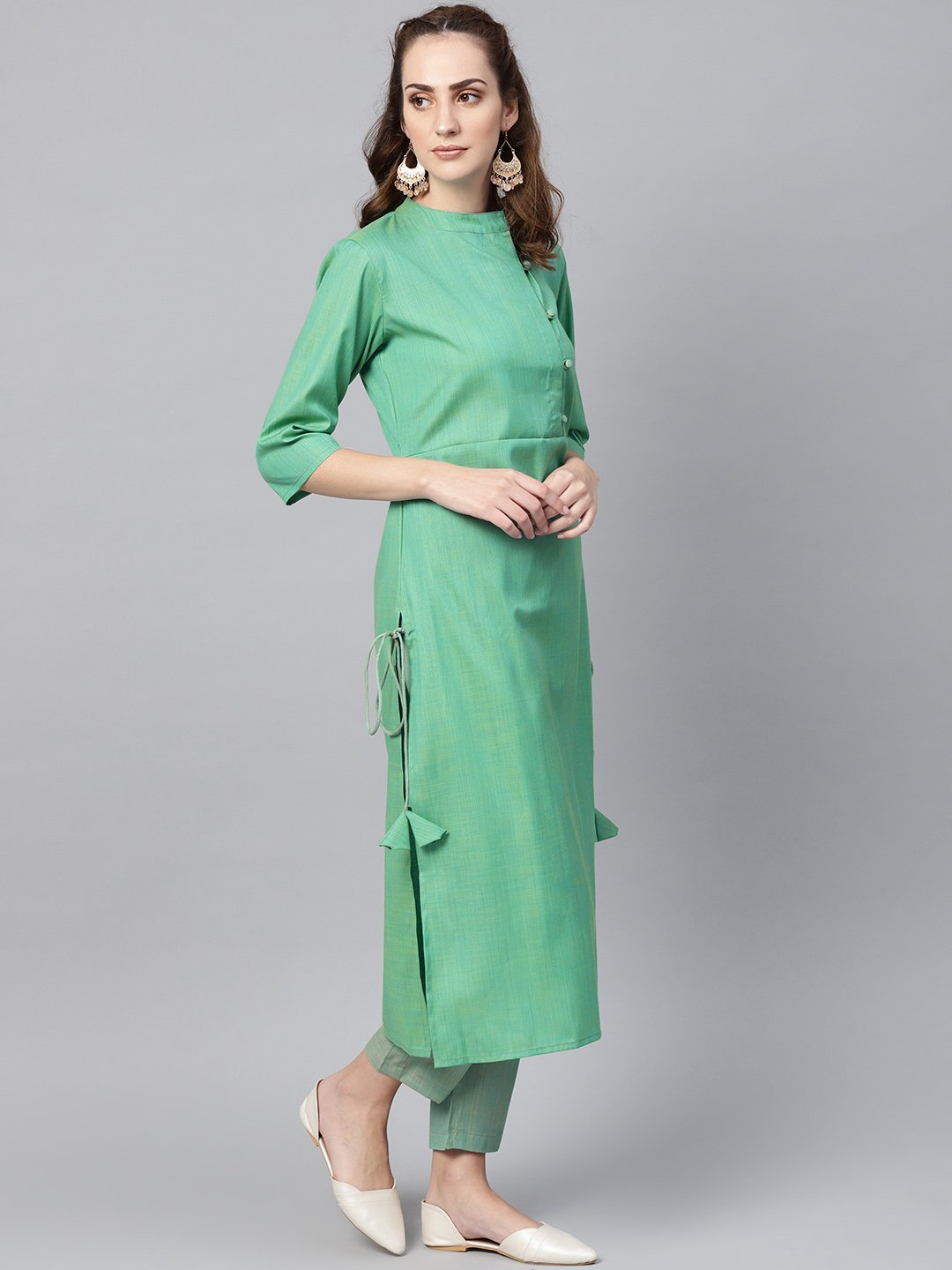 Turquoise Green Straight 3/4Th Sleeve Cotton Kurta Set With Pants | LASVINI - Redefining Indian Fashion with Elegance