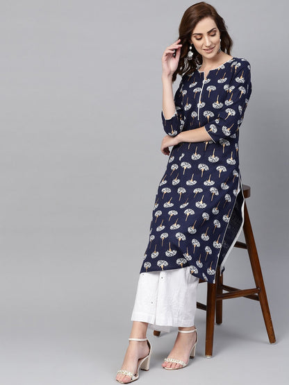 Navy Blue 3/4Th Sleeve Cotton Straight Kurta | LASVINI - Redefining Indian Fashion with Elegance