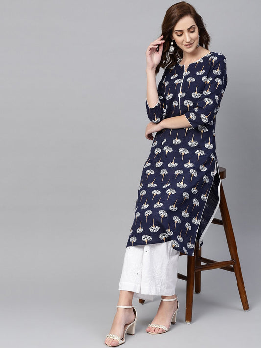 Navy Blue 3/4Th Sleeve Cotton Straight Kurta | LASVINI - Redefining Indian Fashion with Elegance