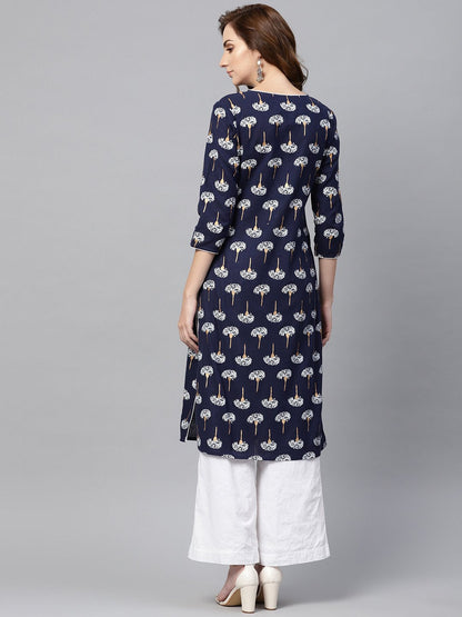 Navy Blue 3/4Th Sleeve Cotton Straight Kurta | LASVINI - Redefining Indian Fashion with Elegance