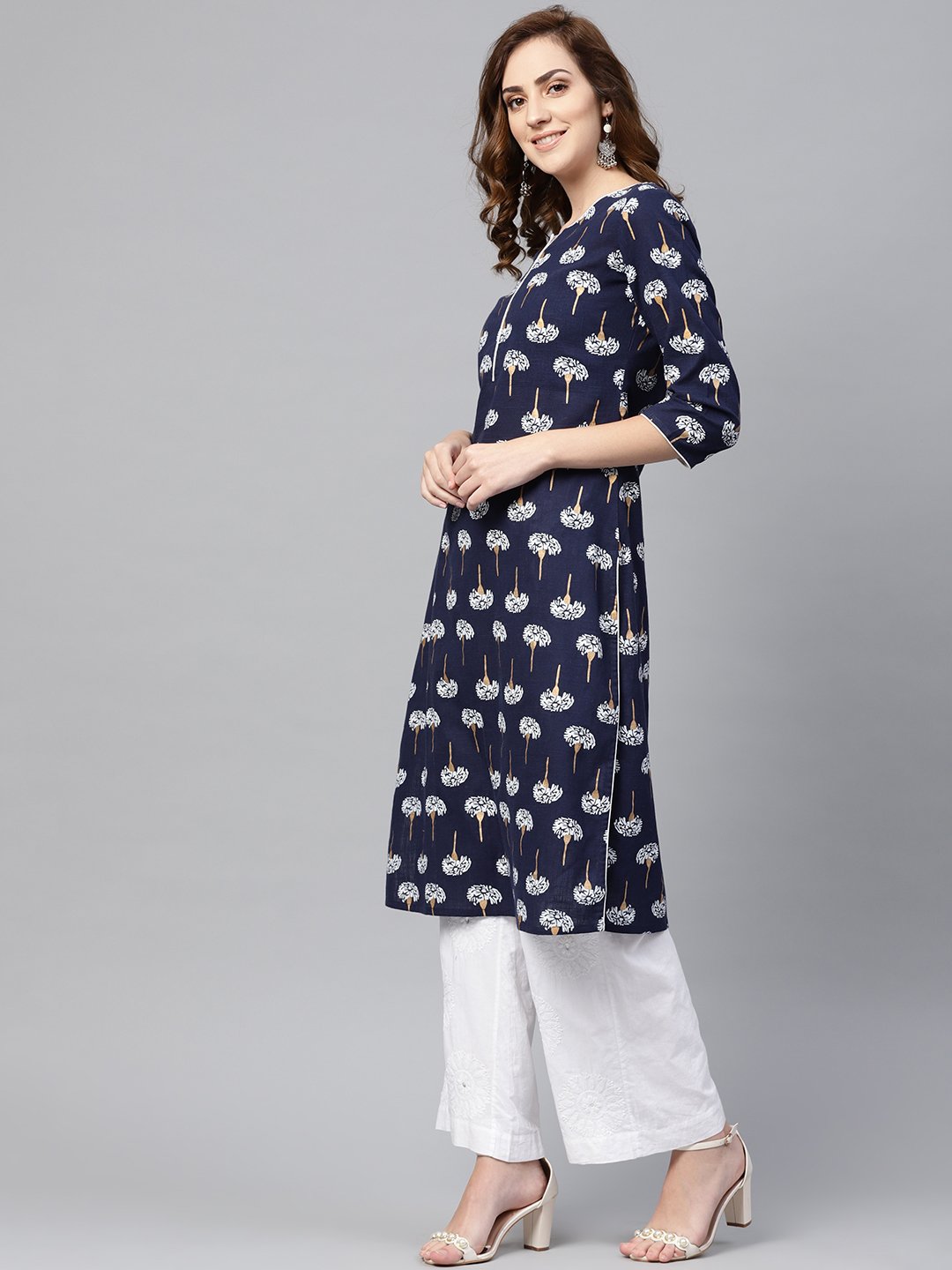 Navy Blue 3/4Th Sleeve Cotton Straight Kurta | LASVINI - Redefining Indian Fashion with Elegance