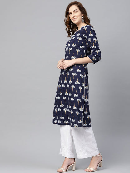 Navy Blue 3/4Th Sleeve Cotton Straight Kurta | LASVINI - Redefining Indian Fashion with Elegance