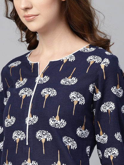 Navy Blue 3/4Th Sleeve Cotton Straight Kurta | LASVINI - Redefining Indian Fashion with Elegance